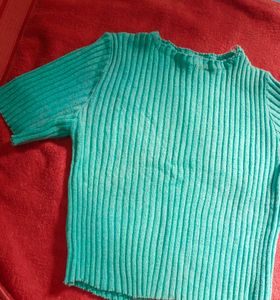Sea Green Ribbed Nit Tops For Women