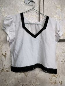 White Loose Fit Crop Top With Lace Hem