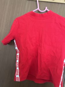 Red Top With Levis Strip At The Sides Turtle Neck