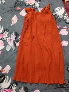 Orange Pleated Tie-Shoulder Dress