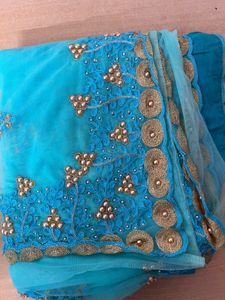 Teal &amp; Gold Embellished Saree