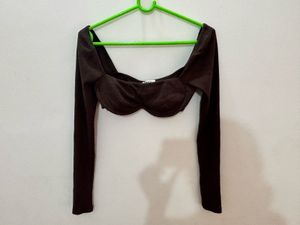 Brown Long Sleeve Crop Top by Princess poly