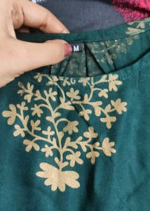 Emerald Green Golden Floral Print Anarkali Kurti