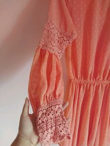 Peach Lace Trim Mini Dress