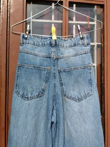 Blue Ribbed Wide Leg Jeans