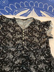 V Neck Puff Slv Black&amp;white Prntd Crepe Dress
