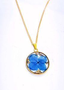 Blue Hydrangea Flower Gold Pendant Necklace