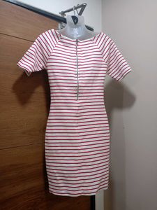 "TOMMY HILFIGER" Red & White Striped Bodycon Dress