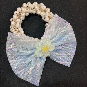Pearl Beaded Rubber Band With Blue Bow