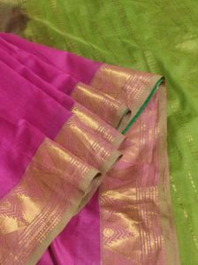 Pink And Green Silk Cotton Saree