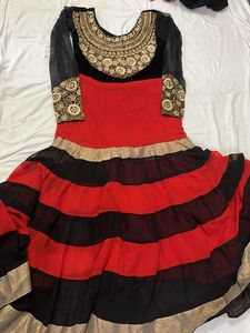 Red &amp; Black Striped Dress with Embroidery