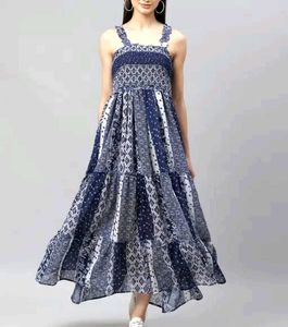 Blue And White Floral Design Maxi Dress