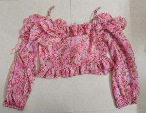 Ruffle Floral Print Pink Crop Top