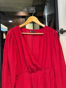 Red Pleated Midi Dress
