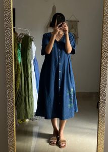 Vintage DENIM Embroidered Midi Dress