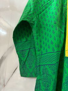 Bottle Green Kurti With Yellow Embroidery