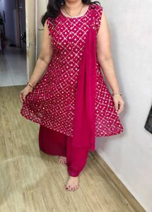 Pink Mirror Work Plazzo Kurta Set