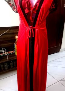 Red Floral slip night dress with satin rob