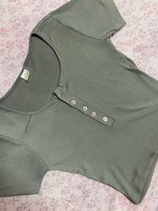 Grey Ribbed Button-Up Crop Top