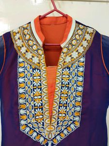 Orange And Blue Colour Kurti With Jacket