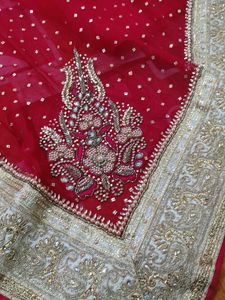 Red Saree With Contrast Cream Colour Heavy Blouse