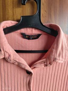 Peach Ribbed Button-Down Shirt