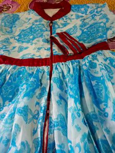 Blue &amp; White Floral Print Gown Dress