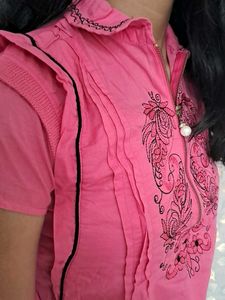 Embroidery Women&#39;s Pink SHirt Top (Pure Cotton)