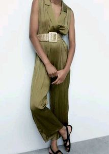 Zara Olive Pleated Sat in Jumpsuit
