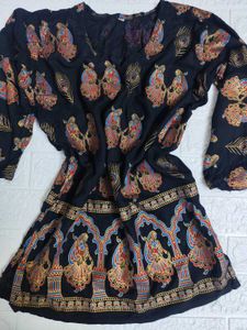 Vintage Black Patterned Short Kurta