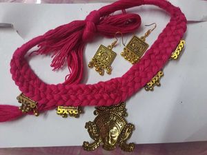 Pink Braided Durga Necklace Earring Set
