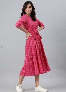 Janasya Printed Tiered Dress With Waist Tie-up