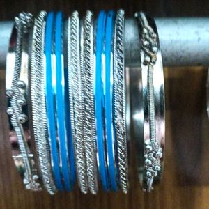 Combo Of Silver Blue And Silve Red Bangle Set