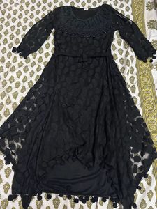 Black Partywear Net Dress With Pompoms