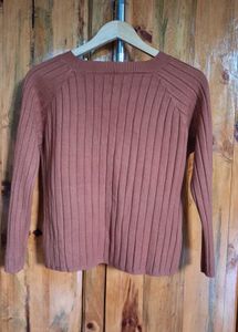 Ribbed Cutout Long Sleeve Top - Rust/Terracotta