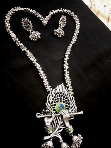 Krishna Flute Silver Necklace with Earrings