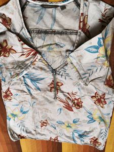 Women Beige Floral Printed Front Zip Casual Top