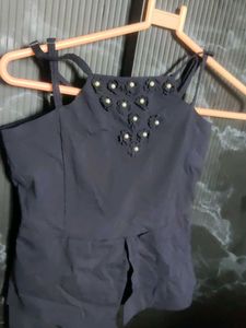 Elegant Dark Blue Pearl-Trimmed Top