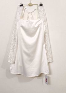 White Satin Dress With Lace Sleeves