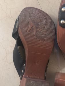 Black Leather &amp; Wood Heeled Mules