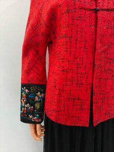 Red Embroidered Faux Fur Collar Jacket