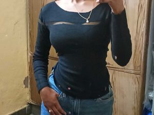 Ribbed Black Top With Net Detailing On Bust