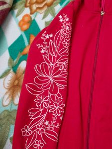 Floral Embroidered Red Hoodie
