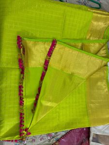 Lime Yellow Pure Kanchi Saree- Unstiched Blouse