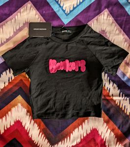 New Black Crop Top With Hot Pink Graphic
