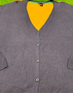 Imported Navy Cardigan with Striped Shoulders