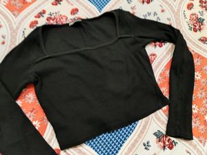 Zara Wide neck full sleeve black ribbed top
