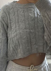 Gray Cable Knit Cropped Sweater
