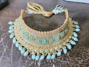 Mint Green Choker Set With Earrings And Mang Tika