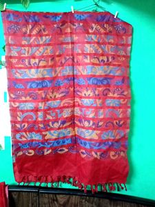 Red Patterned Scarf with Tassels